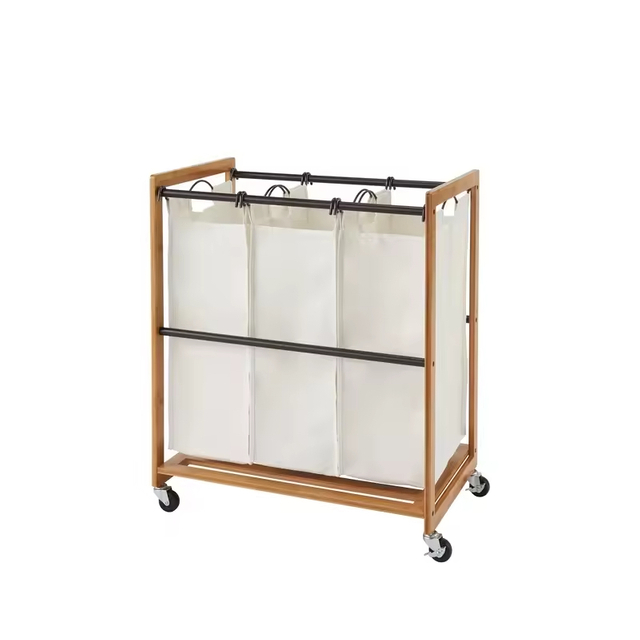 OEM & ODM Factory Rolling Laundry Sorter 3-Bag Storage Cart Fabric Handles Wheels for Bathroom Kitchen Use Food-Safe Material