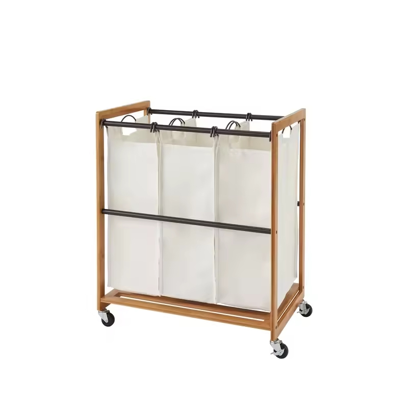 OEM & ODM Factory Rolling Laundry Sorter 3-Bag Storage Cart Fabric Handles Wheels for Bathroom Kitchen Use Food-Safe Material
