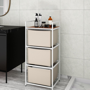 Bathroom Laundry Basket 3-layer Clothing Storage Carbon Steel Wood Rectangle Multifunction Standing Household