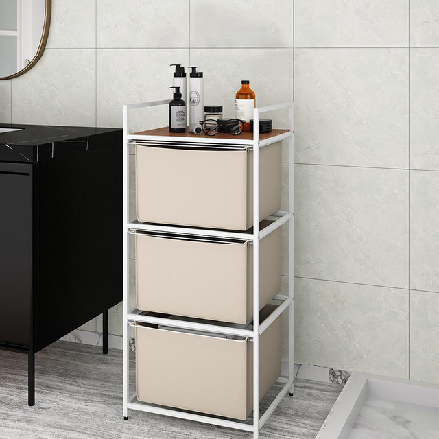 Bathroom Laundry Basket 3-layer Clothing Storage Carbon Steel Wood Rectangle Multifunction Standing Household