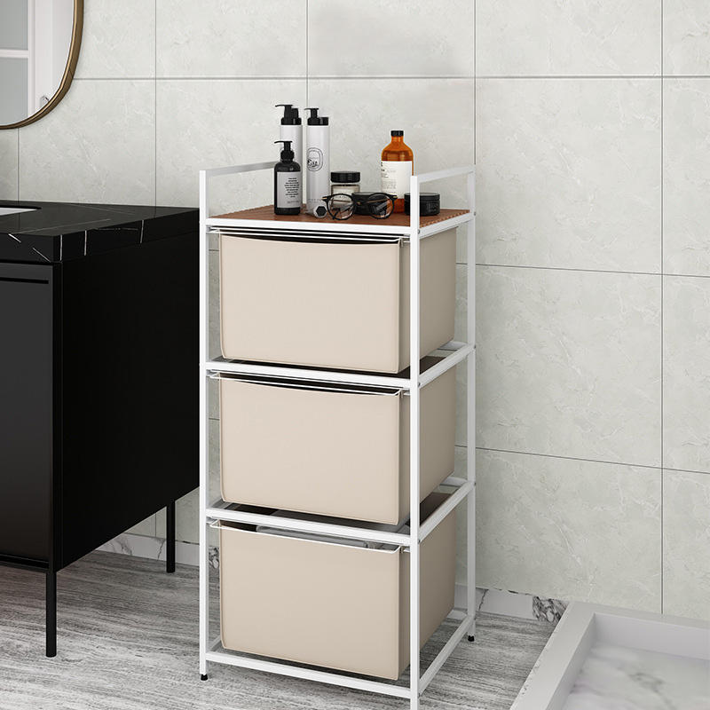 Bathroom Laundry Basket 3-layer Clothing Storage Carbon Steel Wood Rectangle Multifunction Standing Household