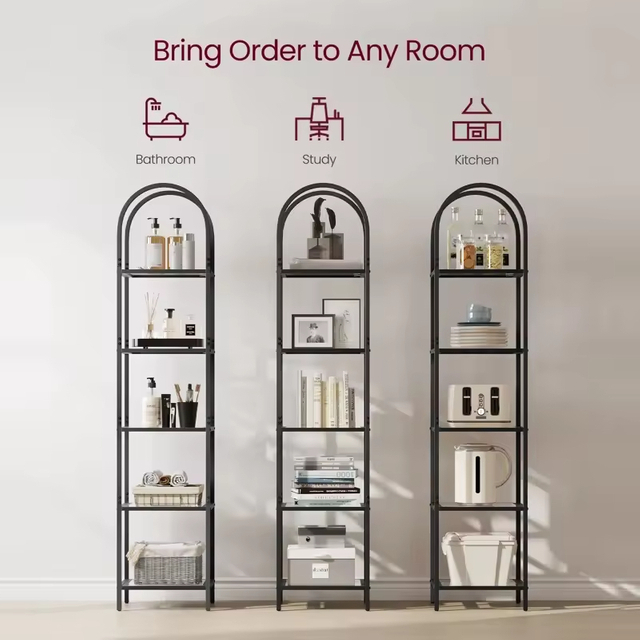 ODM OEM 72.2'' H X 15.7'' W X 11.9'' D 5-tier Wood & Metal Corner Storage Shelf Bookcase for Living Room Office or Showroom