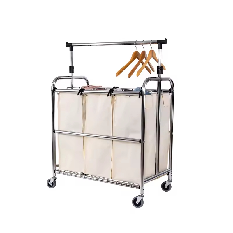 Factory Custom Hot-selling Laundry Basket Foldable Metal Bathroom Cabinets in Laundry Rolling 3-Bag Steel Laundry Sorter