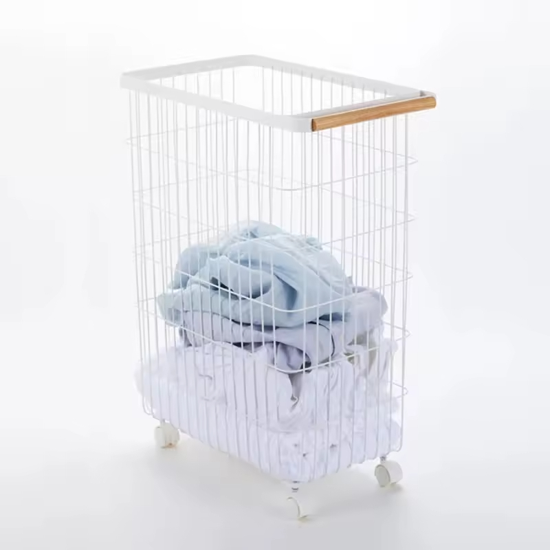 Factory Custom Home Slim Rolling Laundry Basket Hamper Steel + Wood Rolling Laundry Storage Basket With Ring Handles