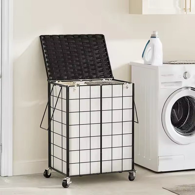 95L Laundry Basket with Lid & Wheels Iron Wire Hamper Removable Fabric Bag for Hotel Hospital Dorm Laundry Room Black/Beige