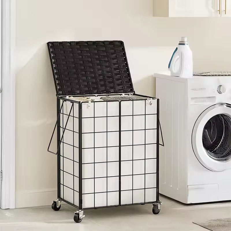 95L Laundry Basket with Lid & Wheels Iron Wire Hamper Removable Fabric Bag for Hotel Hospital Dorm Laundry Room Black/Beige