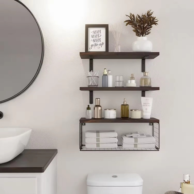 Factory Custom Shower Caddy Shelf Storage Holders Wall Mounted Floating Shelves with Metal Frame Rustic Wood Bathroom Organizer