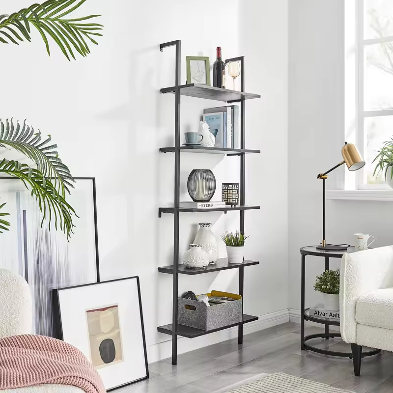 Factory Customize Metal&wood Storage Shelves Living Room Office 5 Tiers Shelf Ladder Bookcase With Black Metal Frame