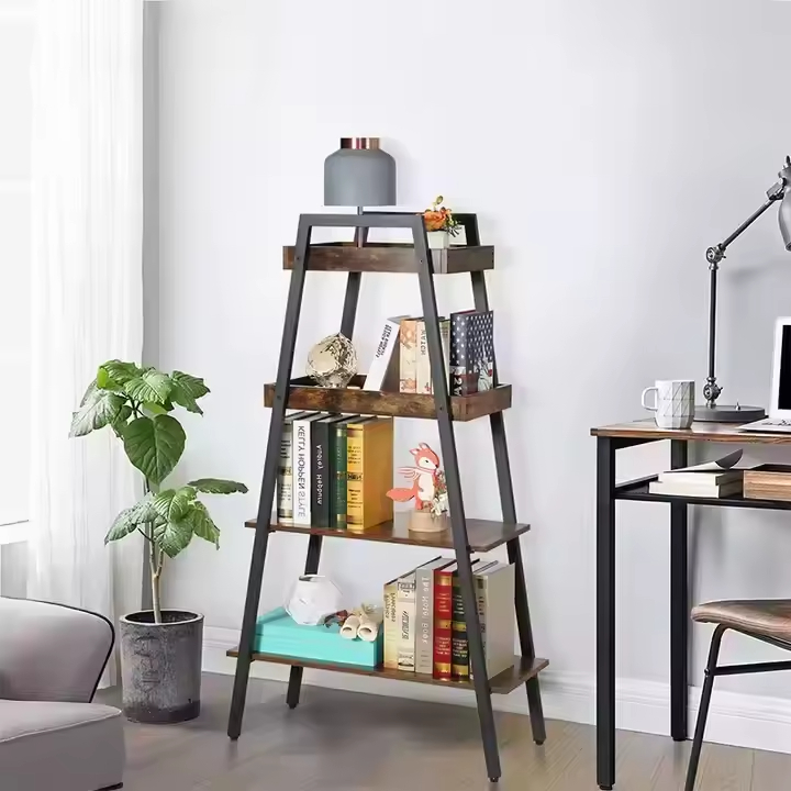 Customizable 4-Tier Solid Color Metal Wooden Bookcase Rack Factory Living Room Bedroom Display Bookshelf Storage