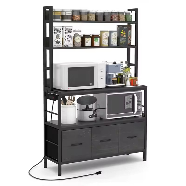OEM/ODM 39.37'' 4-Tier Modern Kitchen Steel Standard Baker's Rack 3 Cabinets Microwave Stand Power Outlet Utility Storage Shelf