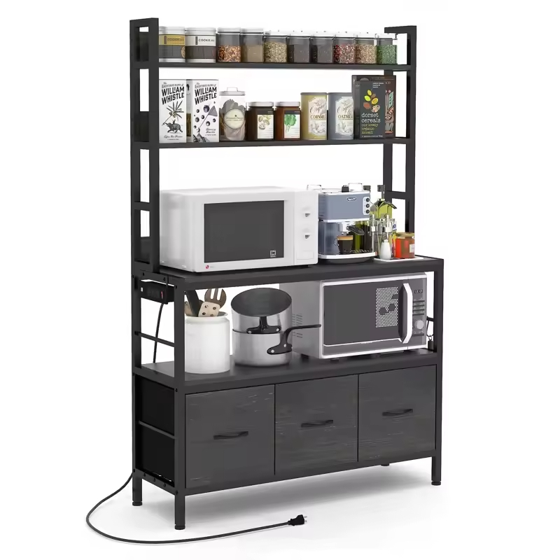 OEM/ODM 39.37'' 4-Tier Modern Kitchen Steel Standard Baker's Rack 3 Cabinets Microwave Stand Power Outlet Utility Storage Shelf