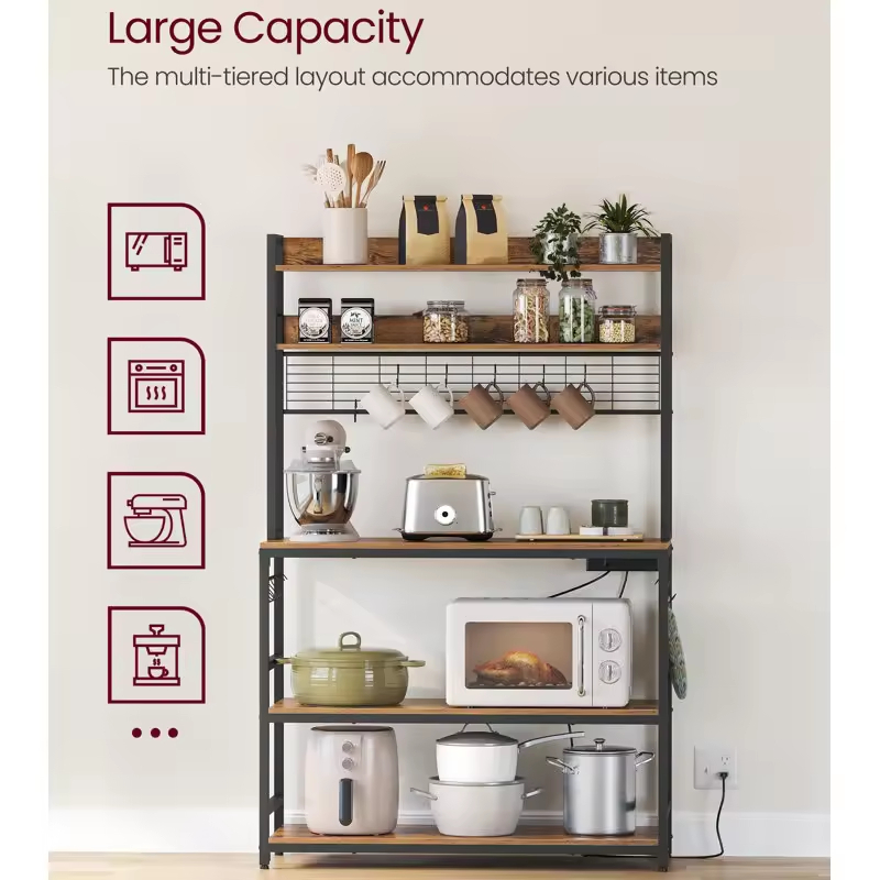 Manufacturer OEM/ODM Freestanding Kitchen Baker's Rack Microwave Oven Stand Coffee Machine Storage Shelf Socket Metal Wood