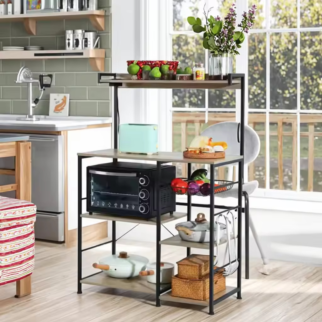 Wholesale 6-Tier Metal Wood Baker Rack with Power Outlet Manufacturer Kitchen Storage Rack for Islands & Carts