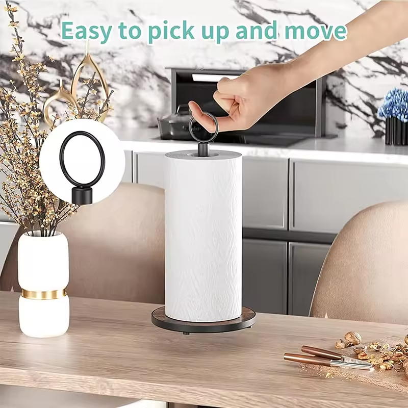 Factory Wholesale Double Tier Freestanding Heavy Duty Wood & Metal Base Paper Towel Roll Stand Kitchen Countertop Storage Rack