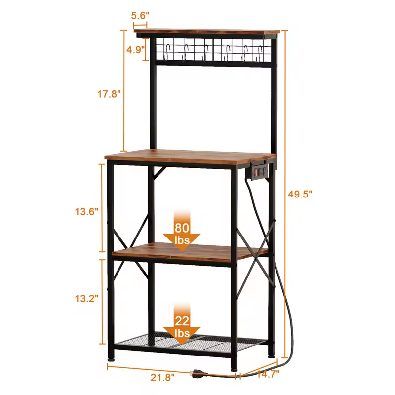 OEM/ODM 22-Inch 4-Tier Shelving with Power Outlet 6-Hook Spices Organizer Microwave Baker's Rack for Kitchen Islands & Carts
