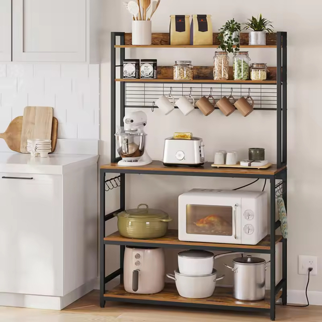 Manufacturer OEM/ODM Freestanding Kitchen Baker's Rack Microwave Oven Stand Coffee Machine Storage Shelf Socket Metal Wood
