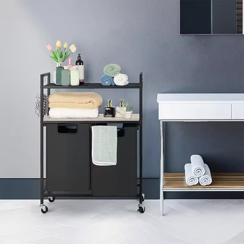 Custom Rustic Rolling Laundry Center with 2 Divided Shelves Factory-Built Bathroom Organizer and Storage Hamper for Clothing