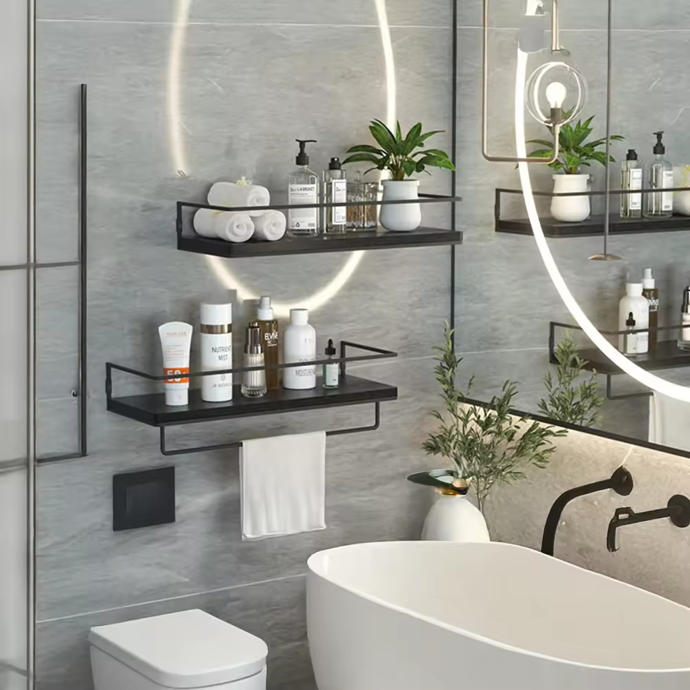 OEM & ODM 2-Piece Metal Floating Shelf Towel Bar Multifunctional for Magic Sticker Shower Rack for Kitchen Spice Rack Shelf