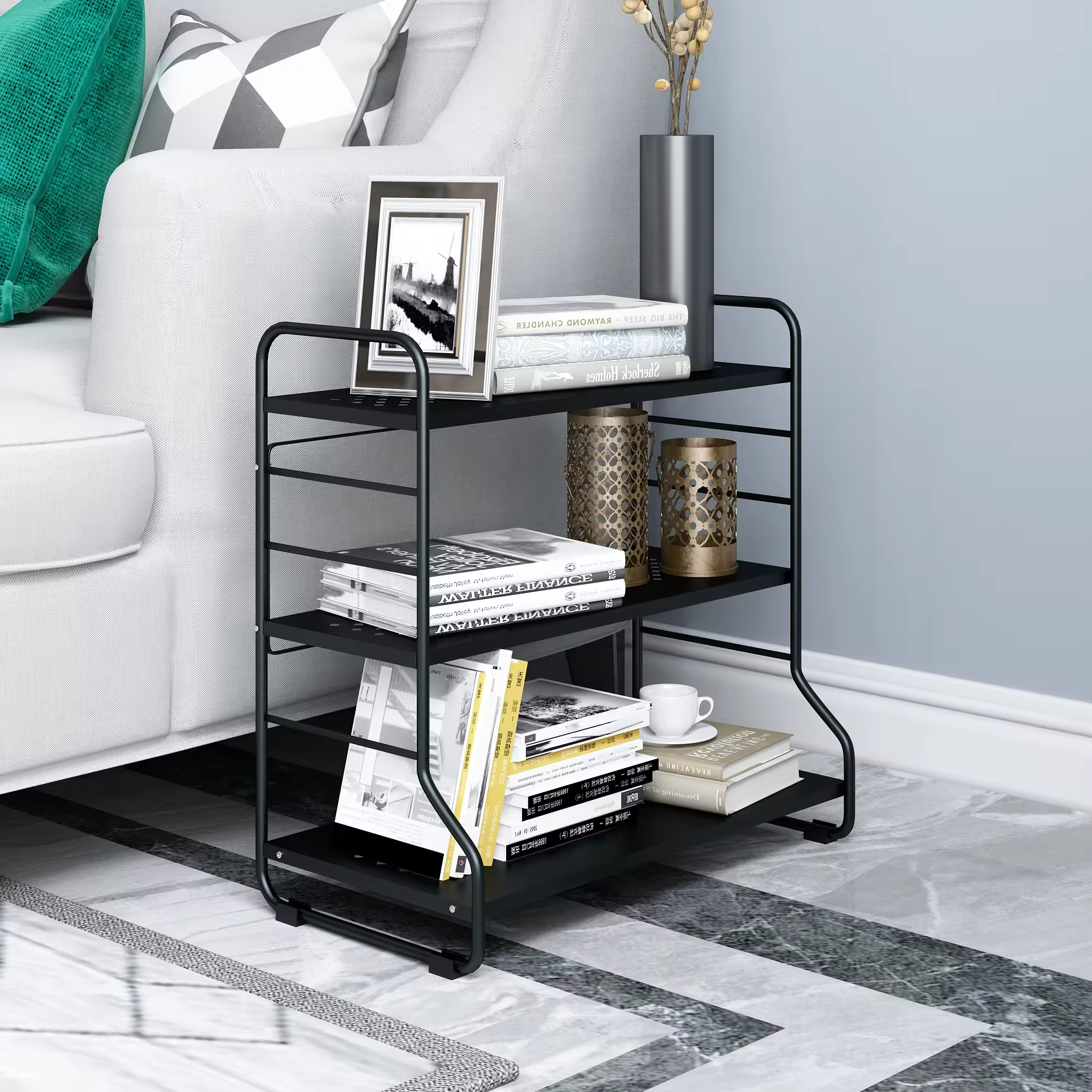 Customizable 3-Tier Black Metal Countertop Storage Rack Adjustable for Kitchen Living Room Factory's Freestanding Storage