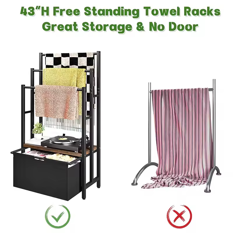3-Layer Freestanding Indoor/Outdoor Metal Towel Rack with 2 Detachable Storage Baskets and 6 Hooks Also Features Blanket Rack