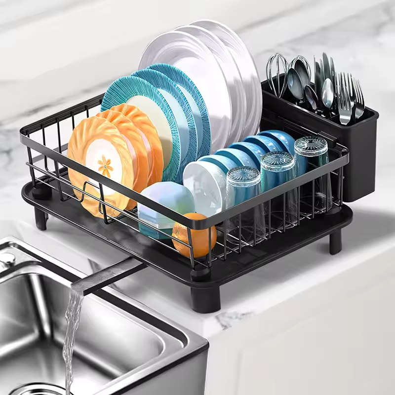 Factory Custom Eco-Friendly Stainless Steel Compact Dish Rack Utensil Holder Drain Spout for Kitchen Floor Installation Spice