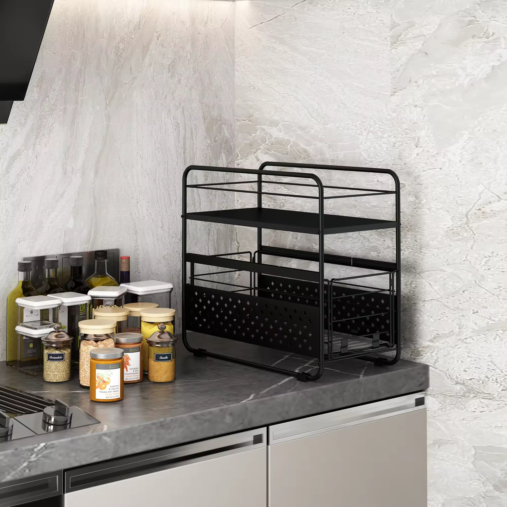 Manufacturer Customization Kitchen Countertop Double Tier Non-folding Storage Rack Black Carbon Steel Multifunction Pull Sliding