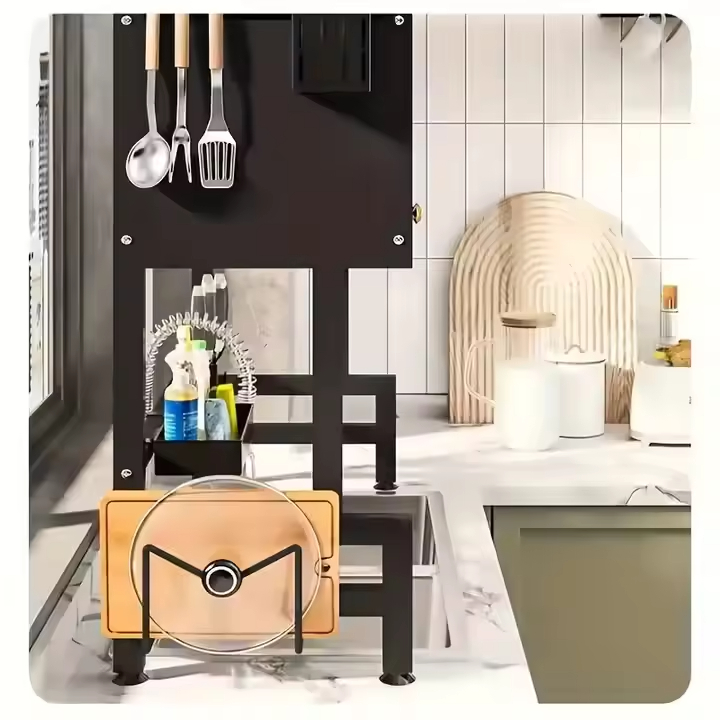 Custom Multi-Functional Double Kitchen Storage Rack Iron Sliding Organizer Cabinet Door Sink Dish Tray Counter Top Drain Rack