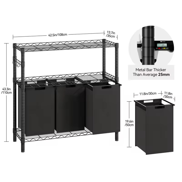 Factory Custom Bathroom Storage Metal Frame 3 Bags 2-tire Shelf Big-capacity Laundry Hamper