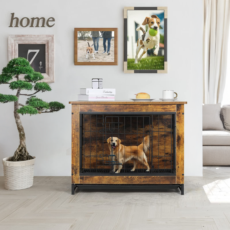 Heavy-Duty Wooden Dog Crate Furniture Indoor End Table Night Stand with Removable Tray Easy Standing Installation for Tools