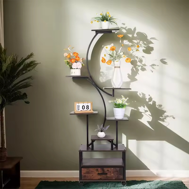 Customized 7-Tiered Indoor Tall Plant Stand Gold Finish 7-Drawer Storage OEM Customizable Metal Tree Shape Flower Pots Planters
