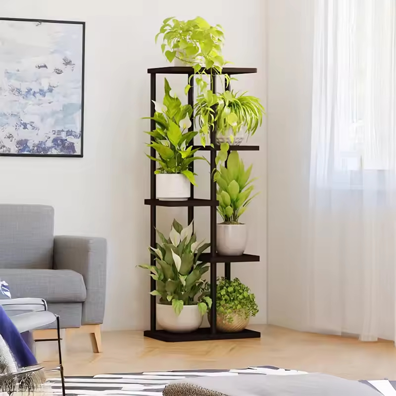 Factory Customized Multi-Tier Indoor Metal Wood Tree Shape Plant Stand Black Anti- Rust Rectangular Corner Plant Stand Indoor