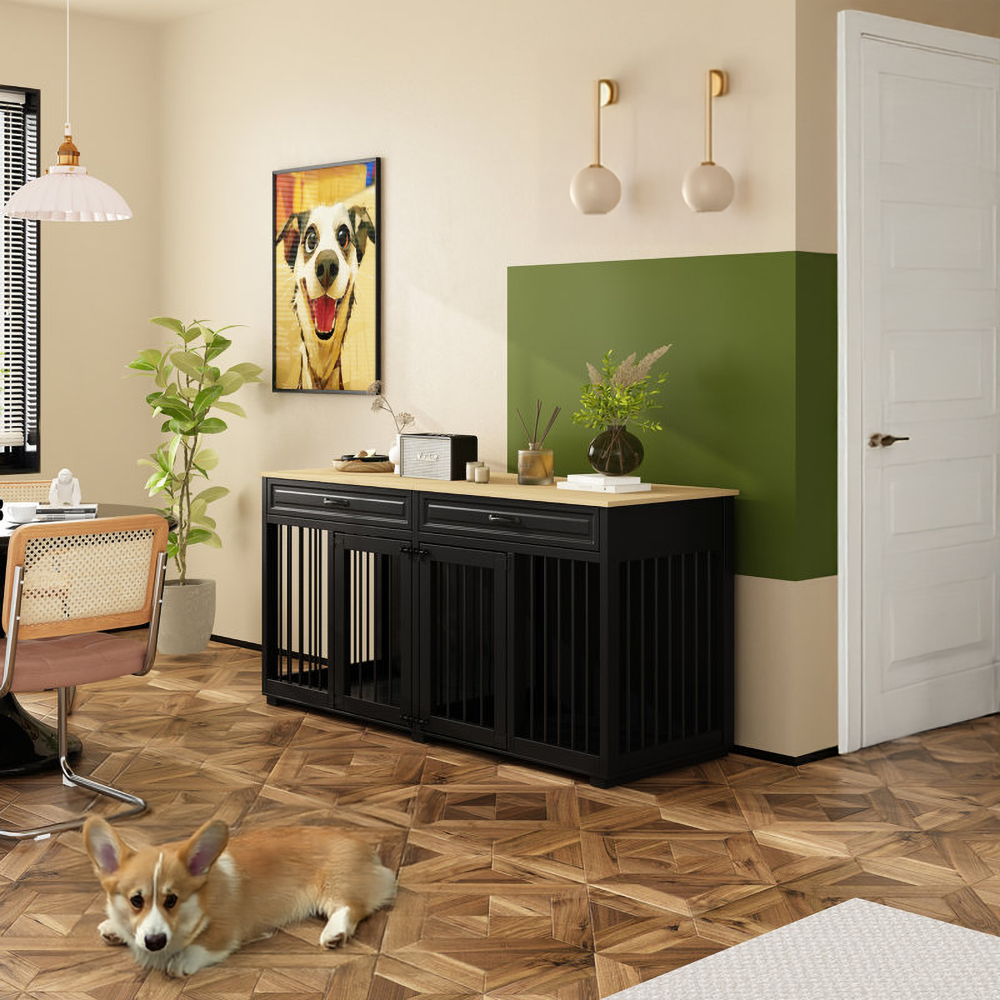 ODM&OEM Heavy Duty Wooden Dog Crate Furniture with 2 Drawers and Divider Standing Type Cleaning Tools