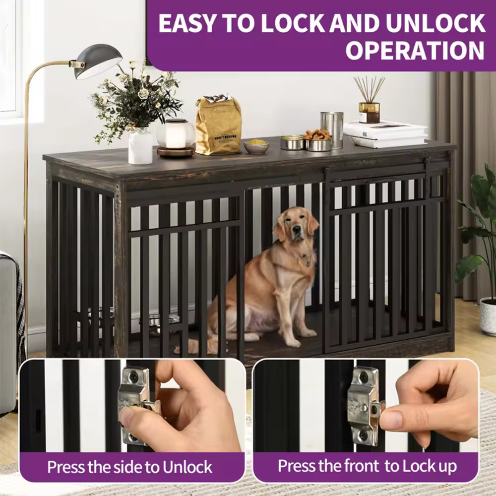 ODM&OEM Heavy Duty Wooden Dog Crate Kennel with Sliding Doors Dog Bowl Movable Sustainable Vintage Cleaning Tools Standing Type