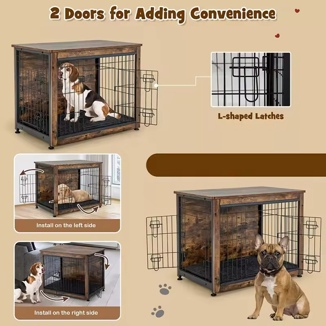 Factory Custom Modern Multifunctional Standing Type Dog Crate Furniture Pad Bed Double Doors Dog Kennel End Table Indoor