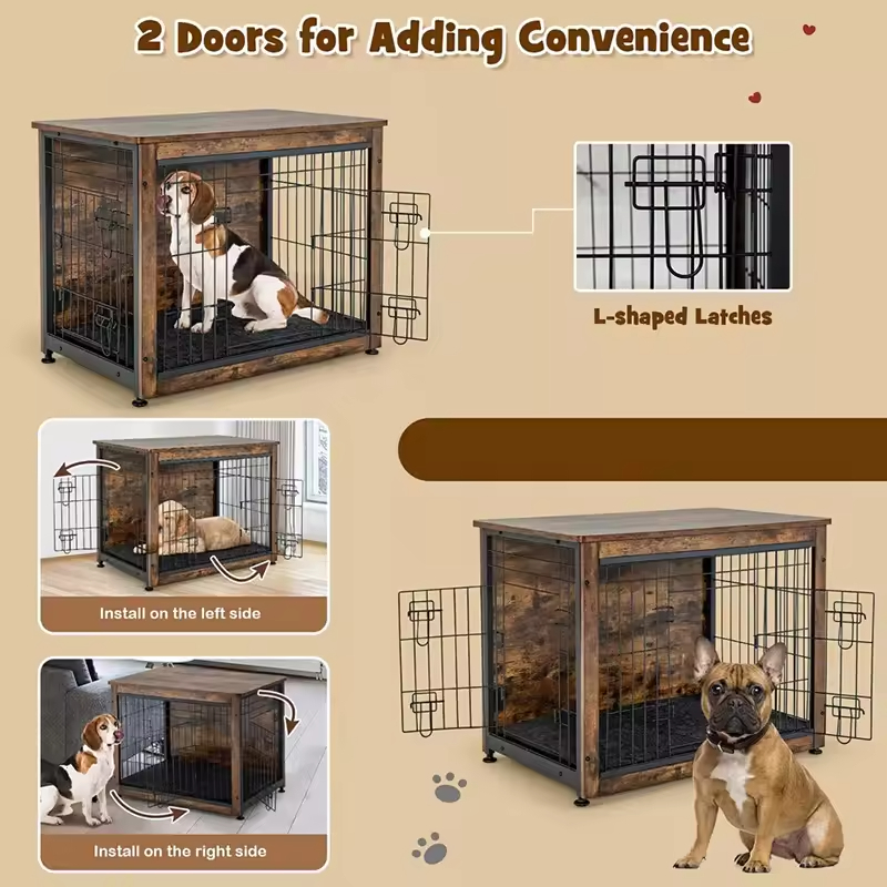 Factory Custom Modern Multifunctional Standing Type Dog Crate Furniture Pad Bed Double Doors Dog Kennel End Table Indoor