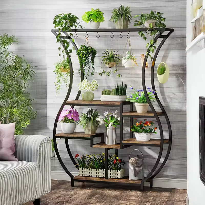 Factory Custom Multi-tier Plant Stands with Hanger Powder Coated Wood & Metal Modern Design for Indoor Home Decoration