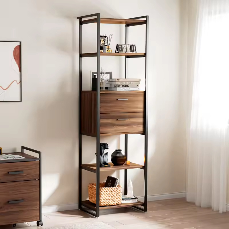 Factory Customized Space-Saving 5-Tier Open Shelves 2 Storage Drawers (Metal Wood) 85.2'' H X 24.8'' W X 18.86'' D for Living