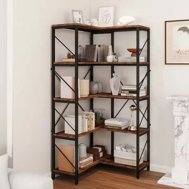Factory Customizable 5 Tier Corner Bookshelf Large Display Rack Space-Saving Metal Wood for Living Room Bedroom Bathroom Storage