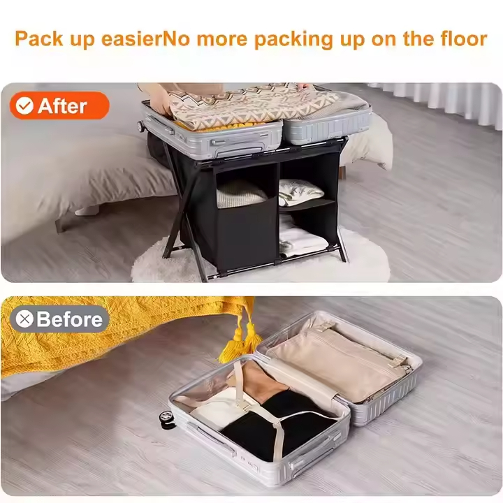 Custom Pack 2 Steel Folding Luggage Rack 3-Layered Double Tiers Storage Shelf Modern Standing Type Suitcase Stand