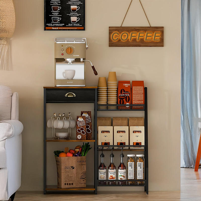 Modern Rustic Single-Tier Wood Coffee Bar Cabinet Brown Drawers Metal Storage Rack for Kitchen Living Room for Small Farmhouse