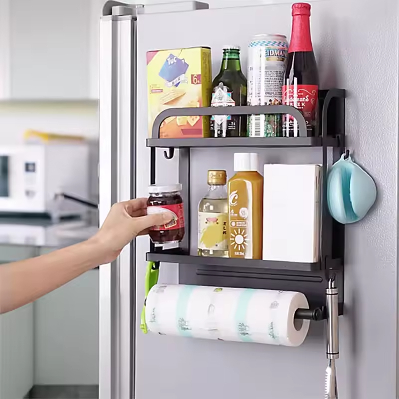 Single-Tier Kitchen Magnetic Refrigerator Storage Rack Wall-Mounted Hanger Shelf for Spices Metal Fridge Holder