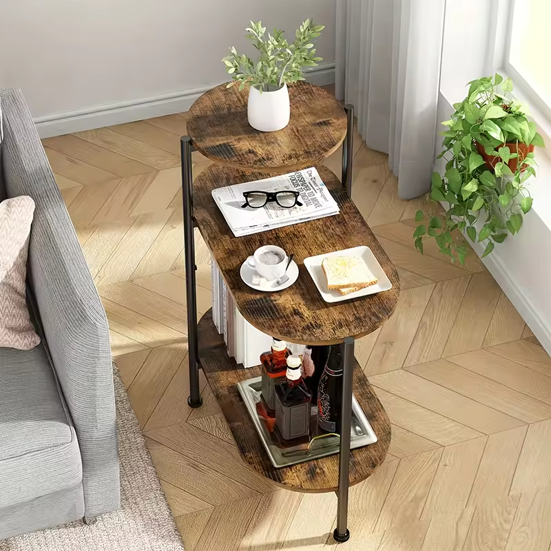 Customizable Circular Side Table for Living Room & Bedroom Practical Metal Frame with Wooden Top for Dining