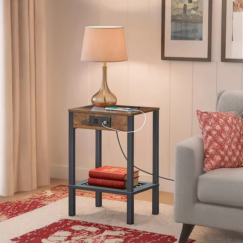 Modern USB Charging Station End Table with Storage Shelf Nightstand for Bedroom or Living Room Metal Home Furniture