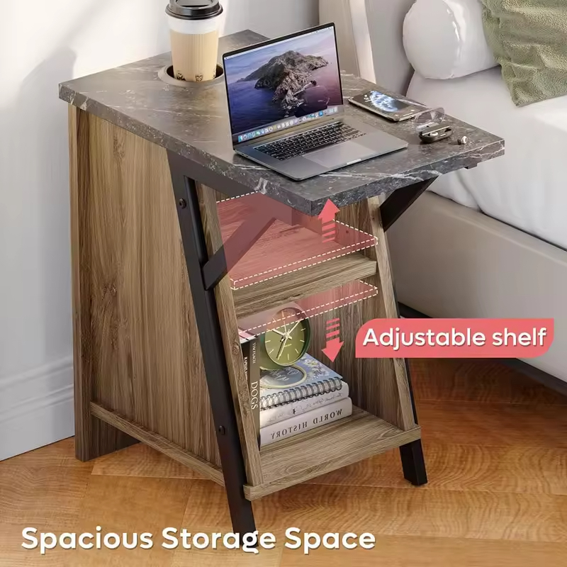 Modern Adjustable Metal Wooden Nightstand Custom Pinewood Side End Table Cup Holder Factory Designed Home Furniture for Bedroom