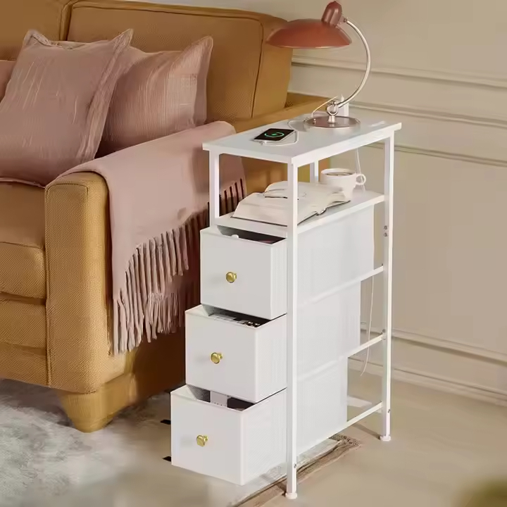Adjustable Modern Wooden Bedside Table 3 Fabric Drawers Dual USB Outlets for Bedrooms Guest Rooms Narrow Design Convenient