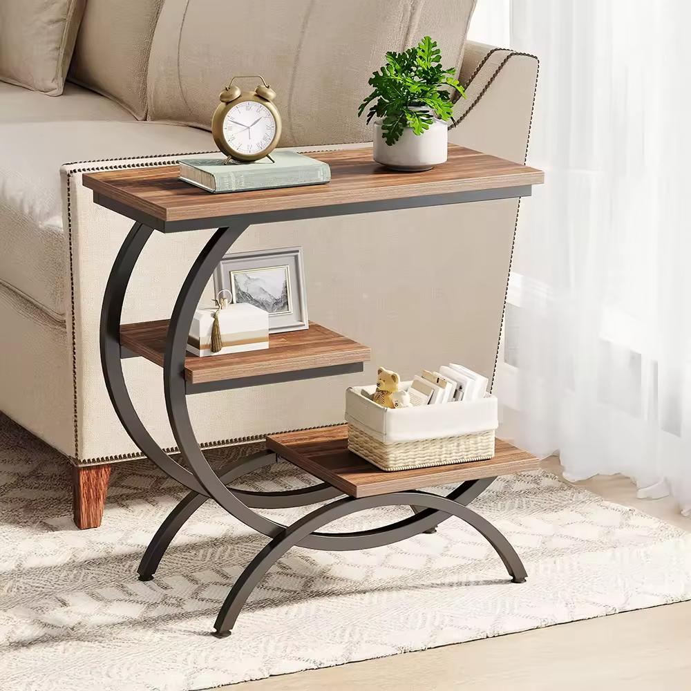 C-Shaped End Table Industrial 3-Tier Small Side Table for Couch Bedside Tables with Storage Shelves for Living Room Small Space