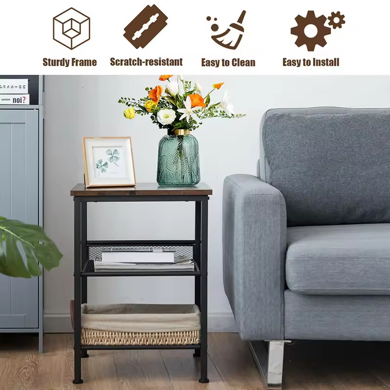 Factory ODM OEM 3-Layers Living Room Bedroom Office Side Table Nightstand 2 Adjustable Shelves Contemporary Design for Dining