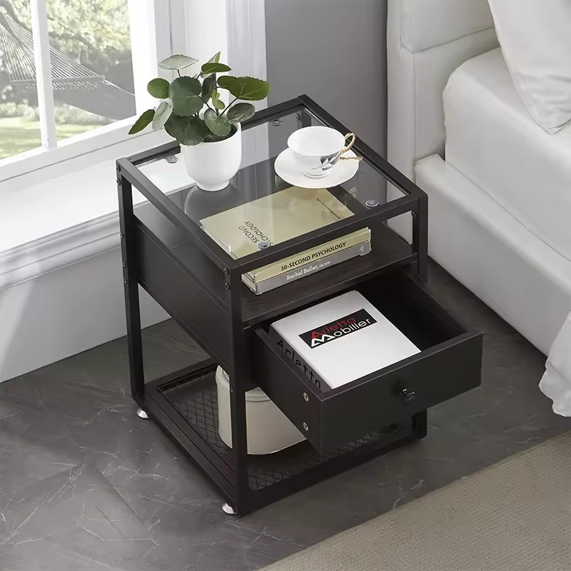 Contemporary 2-Layer Glass Top End Table with Drawer Shelf for Dining in Living Rooms Bedrooms Offices Hotels Factory ODM & OEM