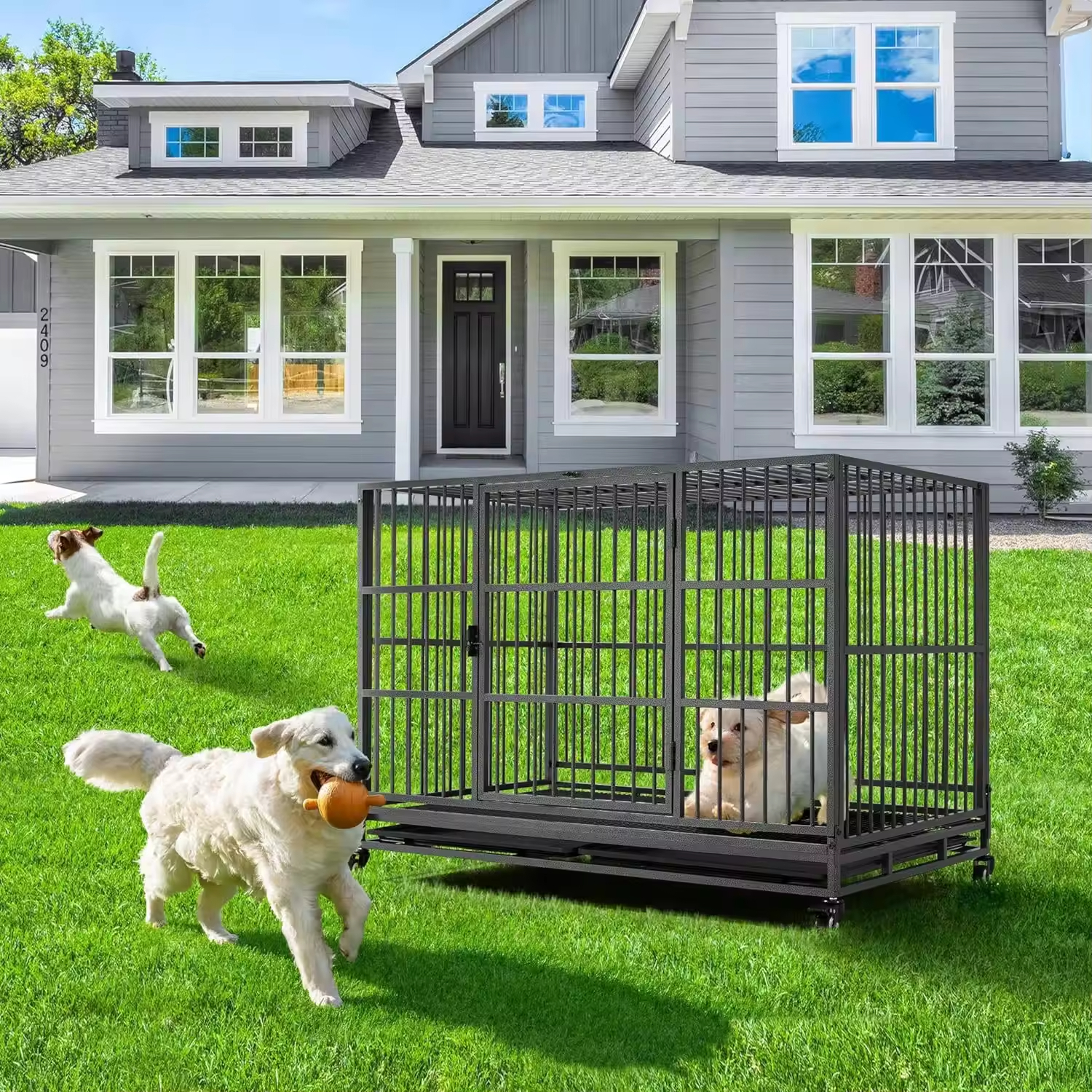 48'' XXL Indestructible Foldable Dog Crate 2 Lockable Doors Removable Metal Trays Wheels Extra Home Storage Organization