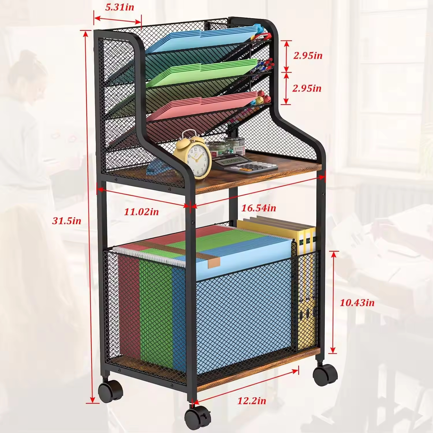 Custom 5 Tier Office Rolling File Cart Home Utility Carts School Standing File Organizer with Pen Holder,